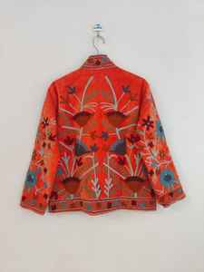 Chaqueta de terciopelo naranja Suzani bordada a mano, abrigo estilo indio hecho a mano, túnica nupcial boho, chaqueta para festivales, regalo para ella/él - Product Image 6