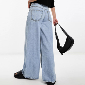 Pantalones vaqueros de mujer de cintura alta, pierna ancha, lavado claro, algodón, talla grande, largos, casuales, holgados, con botones, color liso - Product Image 2