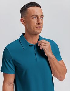 Polo à manches courtes pour homme, couleur turquoise, tricoté, séchage rapide, couleur unie, style décontracté, logo sur la manche gauche - Product Image 2