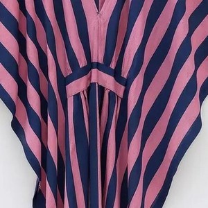 Robe Kaftan Ample Rayée à Col en V pour Femme, Longueur Totale, Manches Mi-Longues, Taille Élastique, en Polyester Tissé, Tenue Décontractée d'Été - Product Image 3