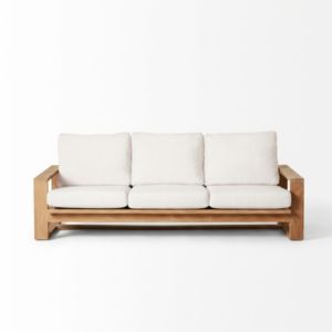 Sofá de Exterior Moderno y Minimalista de Teca Sólida, Tres Plazas, con Reposabrazos Cuadrados, Cojín Blanco Resistente a la Intemperie, Conjunto de Salón para Patio y Jardín - Product Image 1