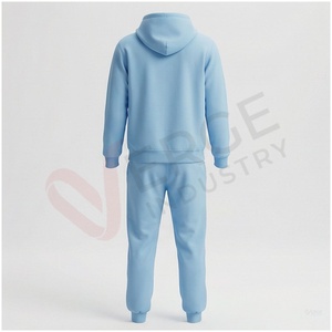 Ensemble de survêtement unisexe bleu clair à capuche, manches longues, couleur unie, décontracté, pour l'automne, 100 % coton, respirant, coupe classique - Product Image 2