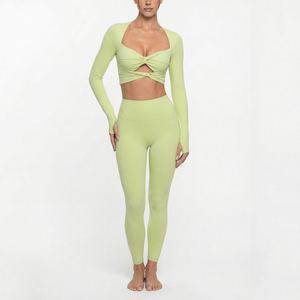 Ensemble de vêtements de sport pour femmes, soutien-gorge de sport à manches longues blanc, leggings taille haute, tenue de yoga sans couture, vêtements de fitness - Product Image 2