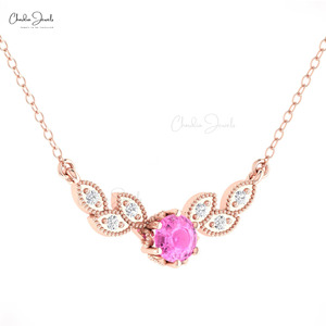 14K Real Gold Pink Sapphire Dainty Necklace 0.45CTW Natural Gemstone & G-H Diamond Trendy Flower Necklace for Wedding Engagement - Product Image 4
