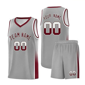 Ensemble de maillots de basket personnalisés gris et bordeaux sublimés, col en V sans manches avec nom et numéro de l'équipe 00 pour adultes toutes saisons - Product Image 1