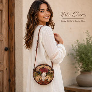 Sac bandoulière rond en cuir véritable fait main avec motif crâne western pour femme, sac à main vintage floral fait main pour voyage - Product Image 4