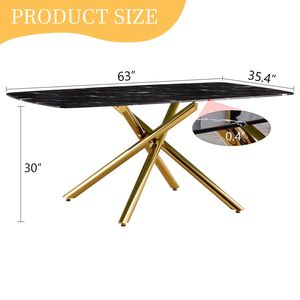 Lussuoso Tavolo da Pranzo in Vetro Temperato Effetto Marmo Nero 160x90 cm con Gambe in Metallo Dorato a Forcella Singola - Product Image 4