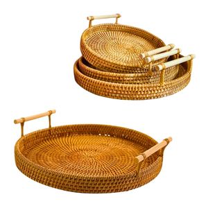 Handwoven RATTAN TRAY FRUIT STORAGE <b>BASKET</b> with <b>Handles</b> Gift, Multipurpose <b>Wicker</b> Organizer Tray - Product Image 1