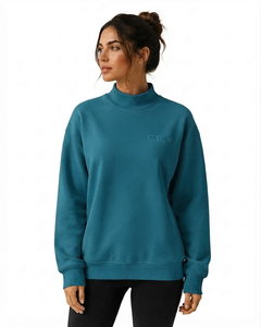 Women's Teal Mockneck Sweatshirt Embroidered Custom Letter Front Regular Fit Full Sleeve Knitted Cotton Bamboo Fiber Autumn Wear - Product Image 1