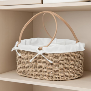 Handwoven <b>Wicker</b> Seagrass Diaper Caddy Organizer Multifunctional Baby Diaper <b>Bag</b> for Nursery with PU Handles from Vietnam - Product Image 2