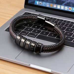 Fashion Men's Antique Leather <b>Rope</b> Braided Multi-Layer Alloy Charm Men <b>Bracelet</b> with Cross Chain Magnet Buckle Cowhide Trendy - Product Image 2