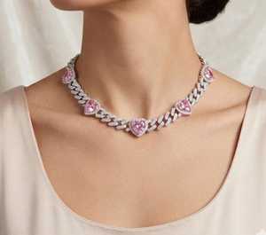 Pink Heart Cuban Link Necklace Iced Out <b>Silver</b> <b>Choker</b> Statement Pave Jewelry Handmade Bulk Product - Product Image 2