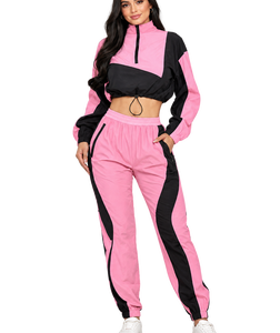 Conjunto Deportivo de 2 Piezas para Mujer, Chaqueta Corta con Cierre de Media Cremallera y Pantalones Jogger, Diseño Colorblock Ligero - Product Image 1