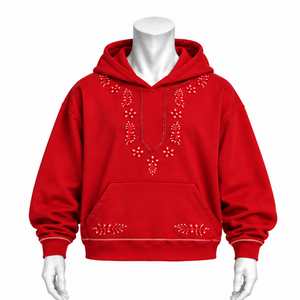 Sudadera con Capucha Roja Indus Bordada, Bordado Floral, Bolsillo Canguro, Corte Holgado, Estilo Casual Urbano, Sudadera de Moda para Invierno - Product Image 1