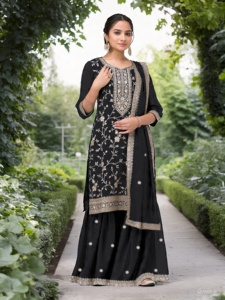 Presentamos un conjunto de salwar kameez de diseño personalizado y cómodo, con tela de seda Vichitra de alta calidad y gran volumen, y dupatta. - Product Image 1