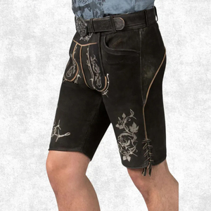 Pantalones Cortos de Cuero Gótico Negro para Hombre con Bordado Floral, Cintura Alta, Estilo Bermuda Hechos a Mano con Lana - Product Image 3