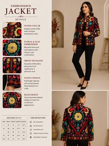 Artisan Black Hand Embroidery Jacket Women Boho Chic Winter Bomber Handmade Masterpiece Ethnic <b>Needlework</b> Coat Gift Coat Set - Product Image 2
