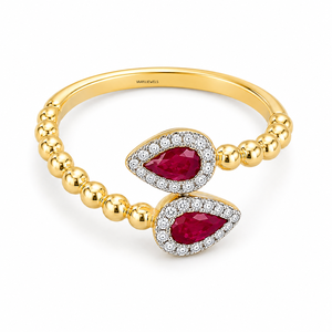 Anillo Abierto de Lujo con Doble Gema Roja en Corte Pera y Halo, con Engaste de Garra y Piedras Laterales Redondas en Oro de 10K-18K y Plata de Ley para Boda - Product Image 3