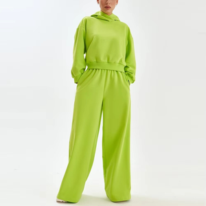 Women Wide Leg <b>Tracksuit</b> Set Lime Green Cropped Hoodie Relaxed Fit Athleisure Lounge Set - Product Image 1