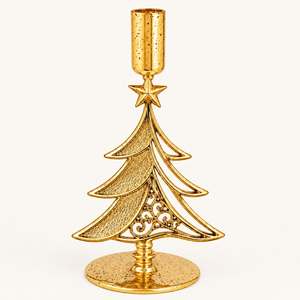Portavelas Navideño Dorado con Árbol de Navidad en Relieve, Decoración de Mesa Metálica Hecha a Mano, Tema Festivo Tradicional, Arte para Sala de Estar J.M - Product Image 1