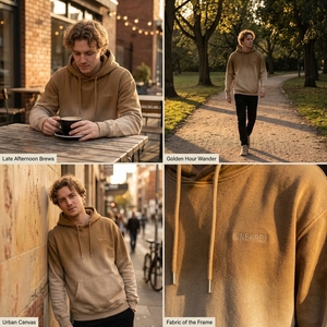 เสื้อฮู้ดผู้ชายสีแทนไล่เฉดแบบสวมหัว ผ้าฟลีซ สกรีนโลโก้ได้ สไตล์สตรีทแวร์ลำลอง หนานุ่ม - Product Image 6