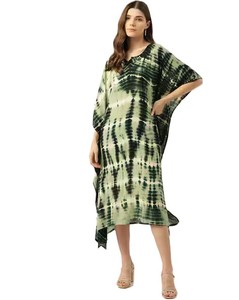Caftán de Rayón de Alta Calidad con Estampado Tie Dye para Mujer, Cuello Corazón, Manga 3/4, Corte Regular, Lavable, para Verano - Product Image 1