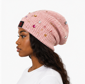 Bonnet tricoté jacquard personnalisé avec strass et patch logo – Bonnet d'hiver orné de pierres précieuses et de paillettes, style mode hivernale - Product Image 4