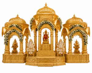 Scène de temple traditionnelle sculptée en or pour les mariages Tamils et Telugu, scène de luxe pour les mariages hindous d'Inde du Sud et Kalyana Mandapam - Product Image 3