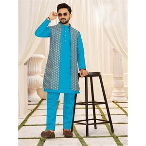 DISEÑADOR BANGLORI SECUENCIA DE BORDADO DE SECUENCIA TRABAJO KURTA KOTI CON PAYJAMA SKY - Product Image 1