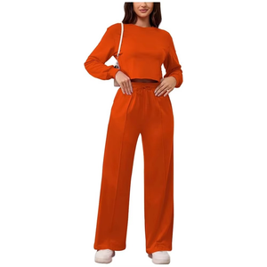 Conjunto Deportivo Naranja Talla Grande, Cuello Redondo, Manga Larga, Pantalones con Cordón, Corte Holgado Informal, 100% Algodón, Ropa de Otoño - Product Image 2