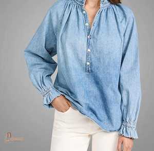 Blusa de Mezclilla Azul para Mujer, Manga Larga Abullonada, Cuello en V, Botones, Corte Holgado, Informal, Color Sólido, Detalle de Volantes, Manga Larga - Product Image 1
