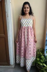 Indian 100% Cotton Floral Flock Print <b>Adjustable</b> Straps <b>Square</b> Collar Floor-Length Dress Pink Yellow - Product Image 6