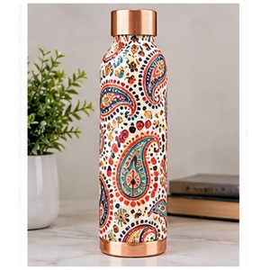 White <b>Pink</b> Rred Lotus Bloom Pattern Copper <b>Water</b> <b>Bottle</b> with Copper Trim Portable Drinkware for Travel - Product Image 6