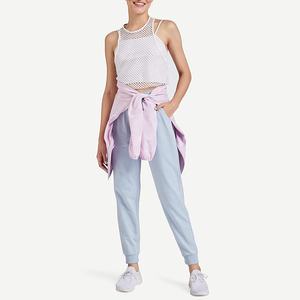 Women Light Blue High Waist <b>Harem</b> Pants With Pink Belt Loose Fit Ankle-Length Casual Solid Color Knitted Spandex Cotton Joggers - Product Image 3