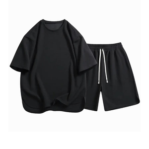 Conjunto de Dos Piezas de Camisa y Pantalones Cortos Deportivos para Hombre, Diseño Personalizado, Casual, para el Hogar o Vacaciones, Color Sólido, Tejido Waffle Transpirable, Corte Holgado - Product Image 3