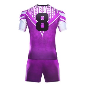 Conjunto de Camiseta de Rugby Sublimada Morada para Hombre, Manga Corta, Cuello Redondo, Absorbe la Humedad, 100% Poliéster, Pantalones Cortos con Cintura Elástica - Product Image 6