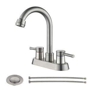 Rubinetto da Bagno ad Arco Alto con 3 Fori, Scarico Lavello in Nichel Spazzolato e Tubo Flessibile in Acciaio Inossidabile, Rubinetto Scarico Lavello a Scomparsa - Product Image 1