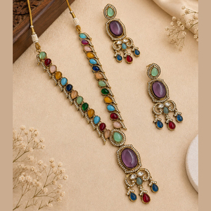 Juego de Collar y Aretes Étnicos Multicolores con Cristales y Pedrería, Chapados en Oro, para Mujer, de JeweleMarket, para Bodas y Aniversarios - Product Image 1