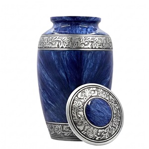 Urne funéraire en aluminium bleu cobalt marbré avec bande gravée argentée pour cendres d'adultes, 24 pouces - Product Image 1