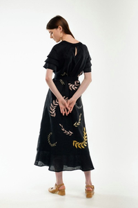 Bohemian <b>Black</b> Cotton Embroidered Midi Dress Women Ruffle Sleeve Floral Vintage Ethnic <b>Wrap</b> Style Dress - Product Image 2