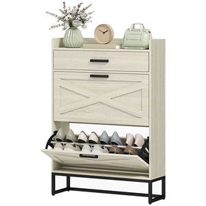 Mobiletto scarpiera sottile bianco anticato a 2 cassetti salvaspazio in truciolato per 12 paia, stile rustico/country - Product Image 1