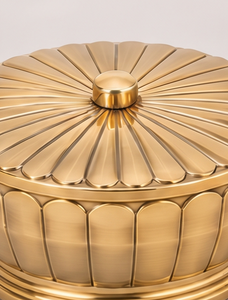 Luxury Round Gold Dry Fruit Box Scalloped Petal Pattern <b>Metal</b> Date Storage Container <b>With</b> Center Knob <b>Lid</b> Corporate Gift <b>Tin</b> - Product Image 5