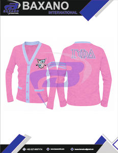 Suéter Cárdigan de la Hermandad Gamma Phi Delta, Tejido Rosa con Rayas Azul Claro y Logotipo Bordado, Ropa de la Hermandad GPD - Product Image 4