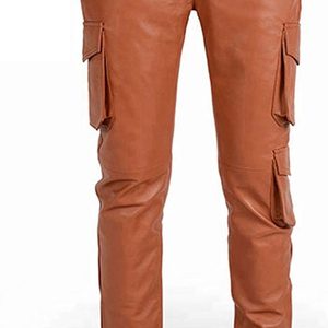 Pantalon cargo en cuir marron pour homme, taille haute, coupe droite, plusieurs poches, style workwear, fermeture boutonnée, pour l'automne - Product Image 2