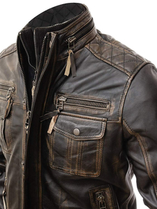 Cow Skin Leather Winter Motorcycle <b>Jacket</b> Biker Race Stand Collar <b>Slim</b> <b>Fit</b> Solid Color Zipper Windproof Breathable Eco-Friendly - Product Image 4