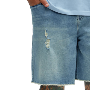 Shorts en jean bleu clair pour homme, en coton délavé, cinq poches, coupe droite, décontracté, été, respirant, séchage rapide, longueur genou, ourlet brut - Product Image 5