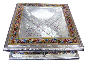 Lowellcraft Handcrafted Copper Enamel Tray <b>Rectangular</b> Silver-Plated Folk Art Collectible Embossing Printing Dry Fruit Gift - Product Image 2