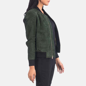 <b>Women's</b> Green <b>Suede</b> Bomber <b>Jacket</b> Full Sleeve Stand Collar Zipper Closure Autumn Wear Fashionable <b>Women</b> <b>Jackets</b> - Product Image 2