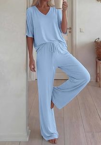 Women V-Neck Short Sleeve Tracksuit Set Light Blue Solid Color Drawstring Waist Wide Leg Pants Casual Loose Fit Stretchy Autumn - Product Image 6