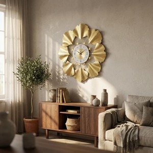 Decorative Flower Shape Gold Wall <b>Clock</b> With Artistic Metal Leaves Ideal For Modern Living Room And Bedroom Decor From India - Product Image 3